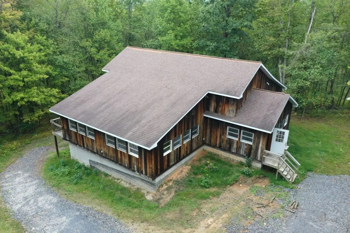 Aerial view of the reconstructed cattle barn and studio