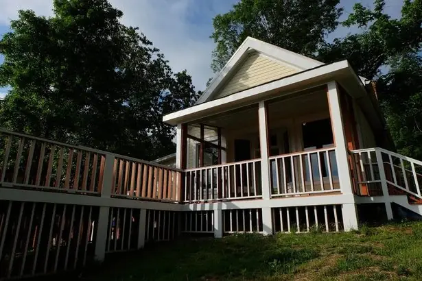 The screened porch and deck seen from below