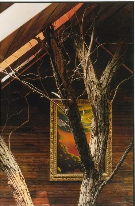 The indoor tree reaching up to the skylight, with a gold-framed painting on the wall behind it