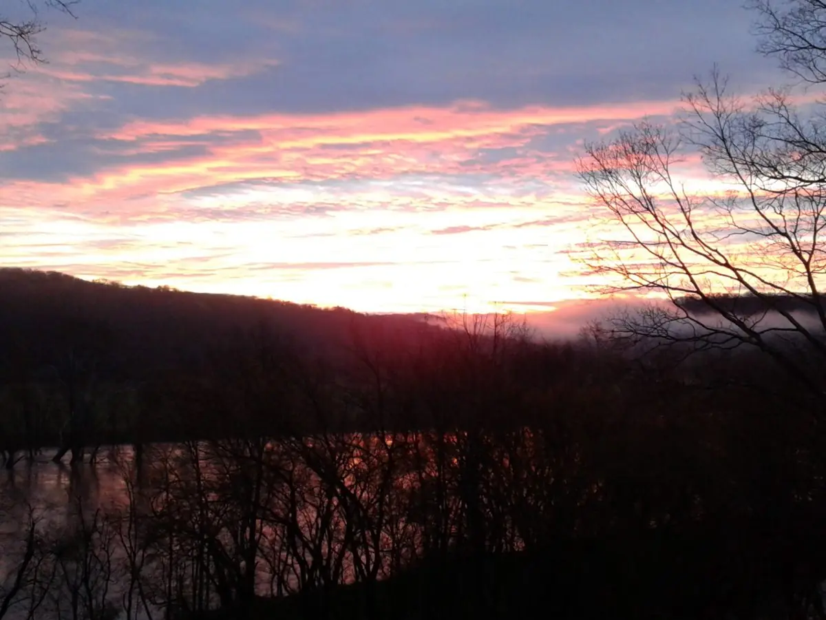Pink and gold sunset over the river valley and bare trees