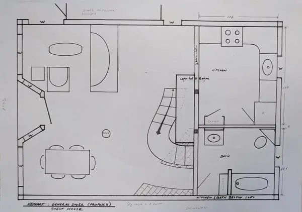 Interior, The hand-drawn floor plan for the guest house, showing the kitchen, bath, loft stair and tree, photo 28 of 32