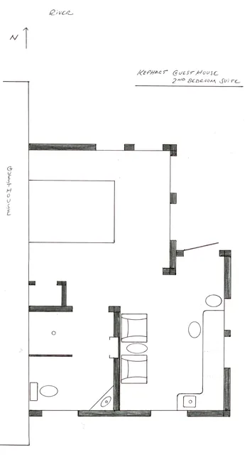 Interior, The hand-drawn floor plan for the guest house second bedroom suite, with a bedroom, bath, seating area and kitchenette, photo 29 of 32