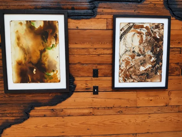 Interior, two framed Firepaintings on the charred pine wall beneath the copper beam, photo 21 of 32