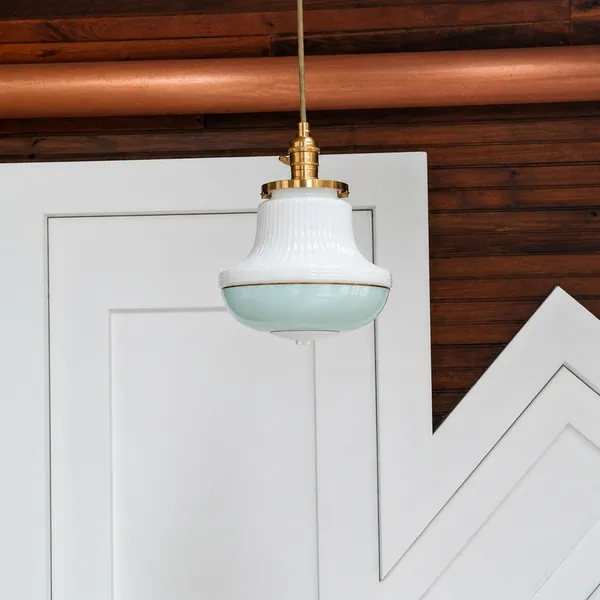 Interior, The vintage glass pendant lamp with a brass fitting, in front of the tree door, photo 17 of 32