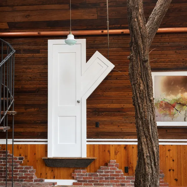 Interior, The white door shaped like a branching tree, with the pendant lamp and the tree trunk beside it, photo 16 of 32