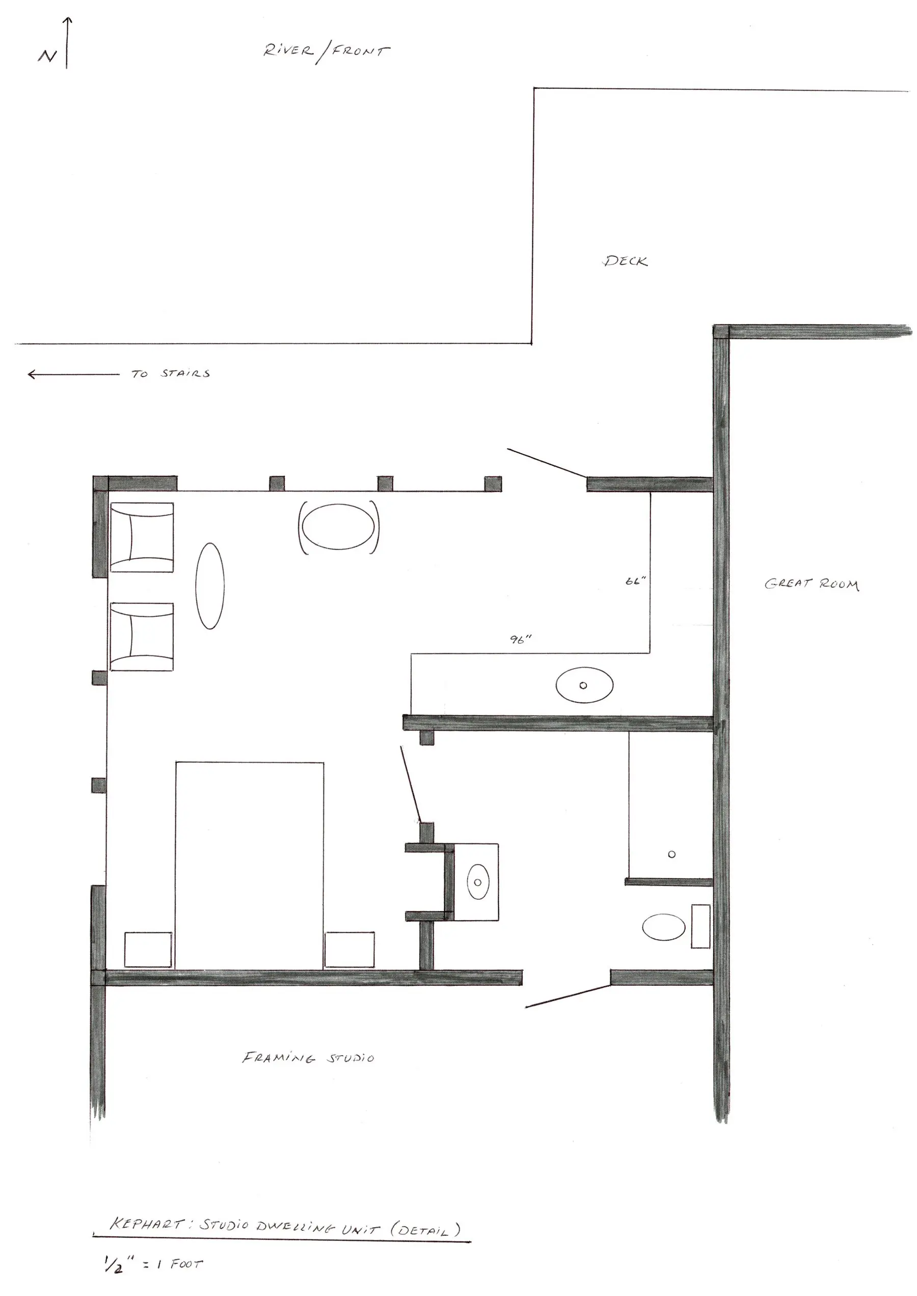 Detailed hand-drawn floor plan of the studio dwelling unit beside the framing studio and great room, with a bedroom, bath and seating area