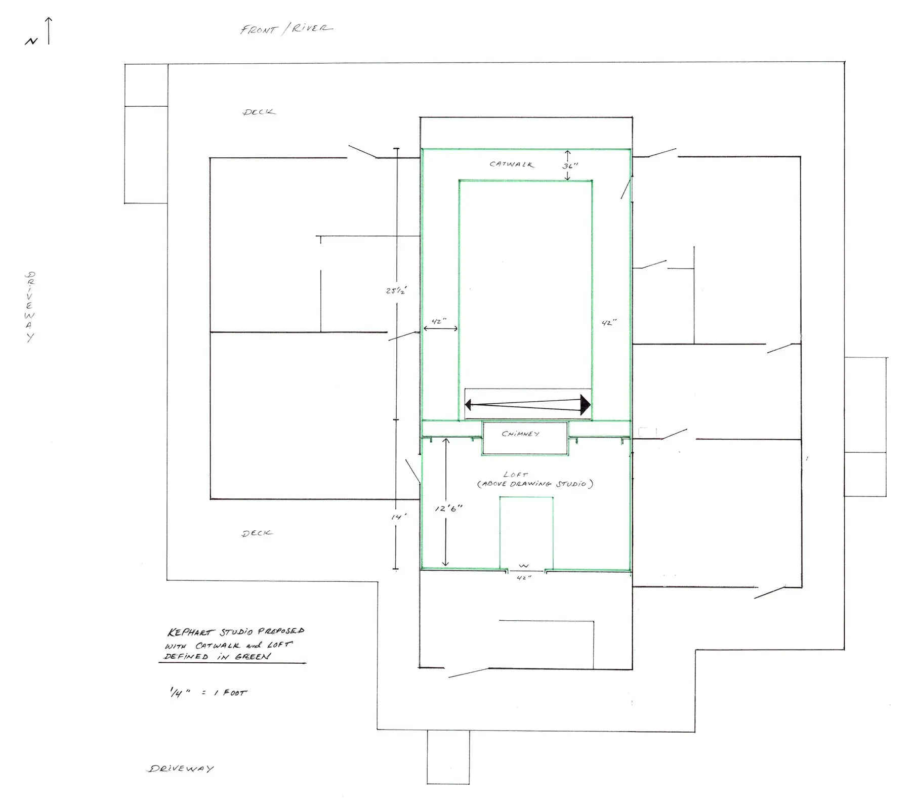 Hand-drawn floor plan of the proposed studio with the catwalk and loft outlined in green, including dimensions