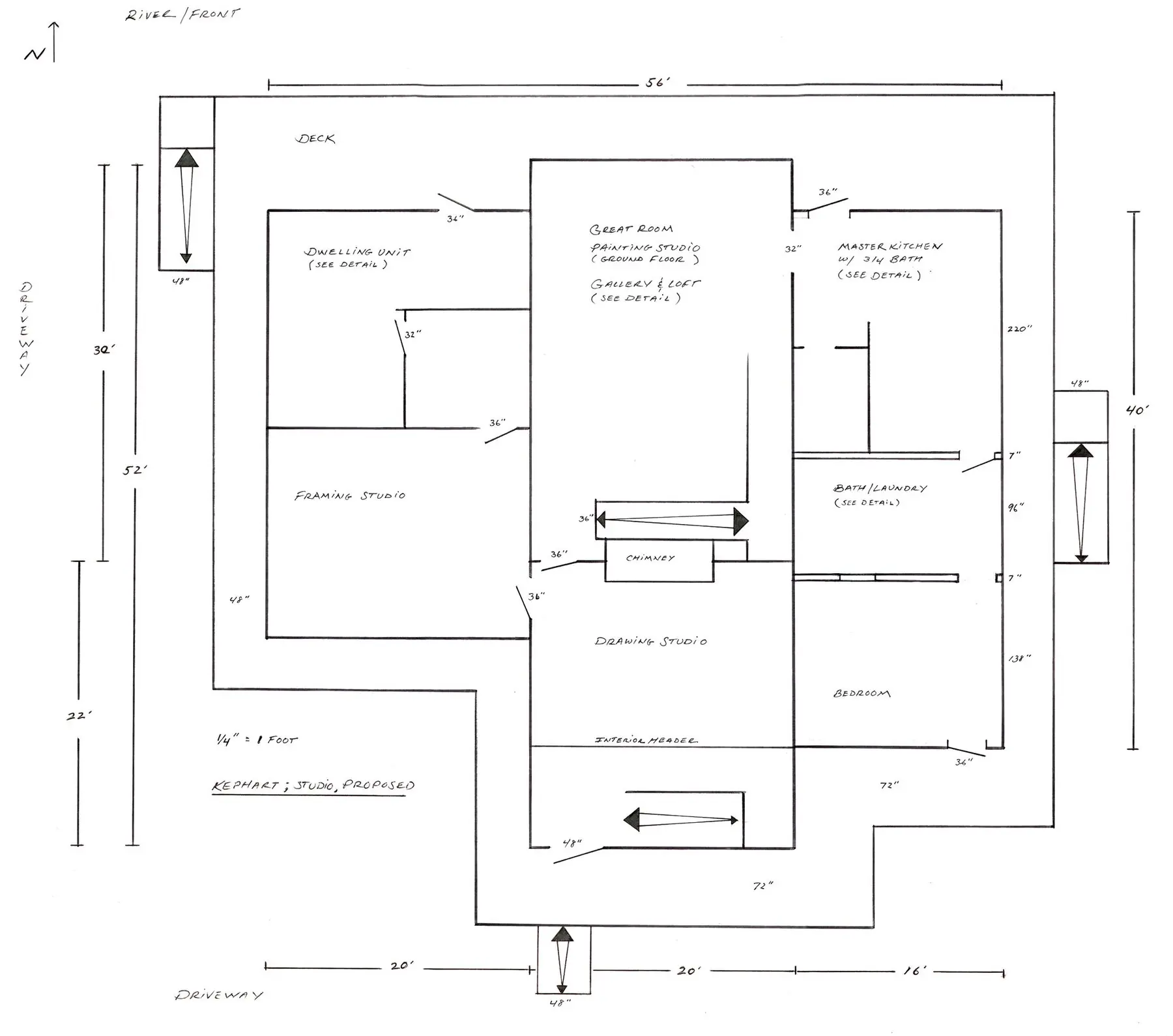 Hand-drawn floor plan of the proposed studio, showing the dwelling unit, framing studio, great room and painting studio, drawing studio, master kitchen, bath and laundry, and bedroom, with dimensions