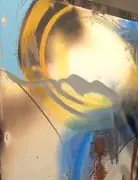 Peter Kephart’s firepainting on the easel in his studio, as shown in the Voice of America video report