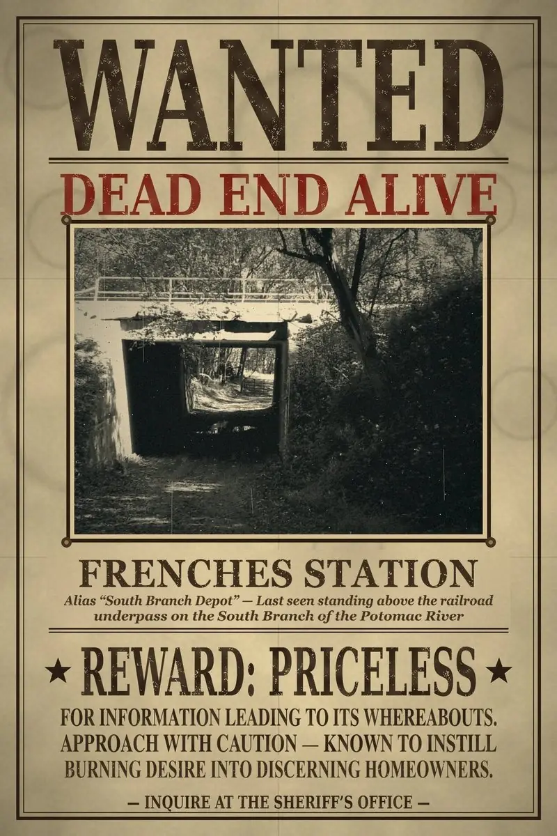 Wanted poster: Dead End Alive. Frenches Station, alias South Branch Depot, last seen standing above the railroad underpass on the South Branch of the Potomac River. Reward: priceless.